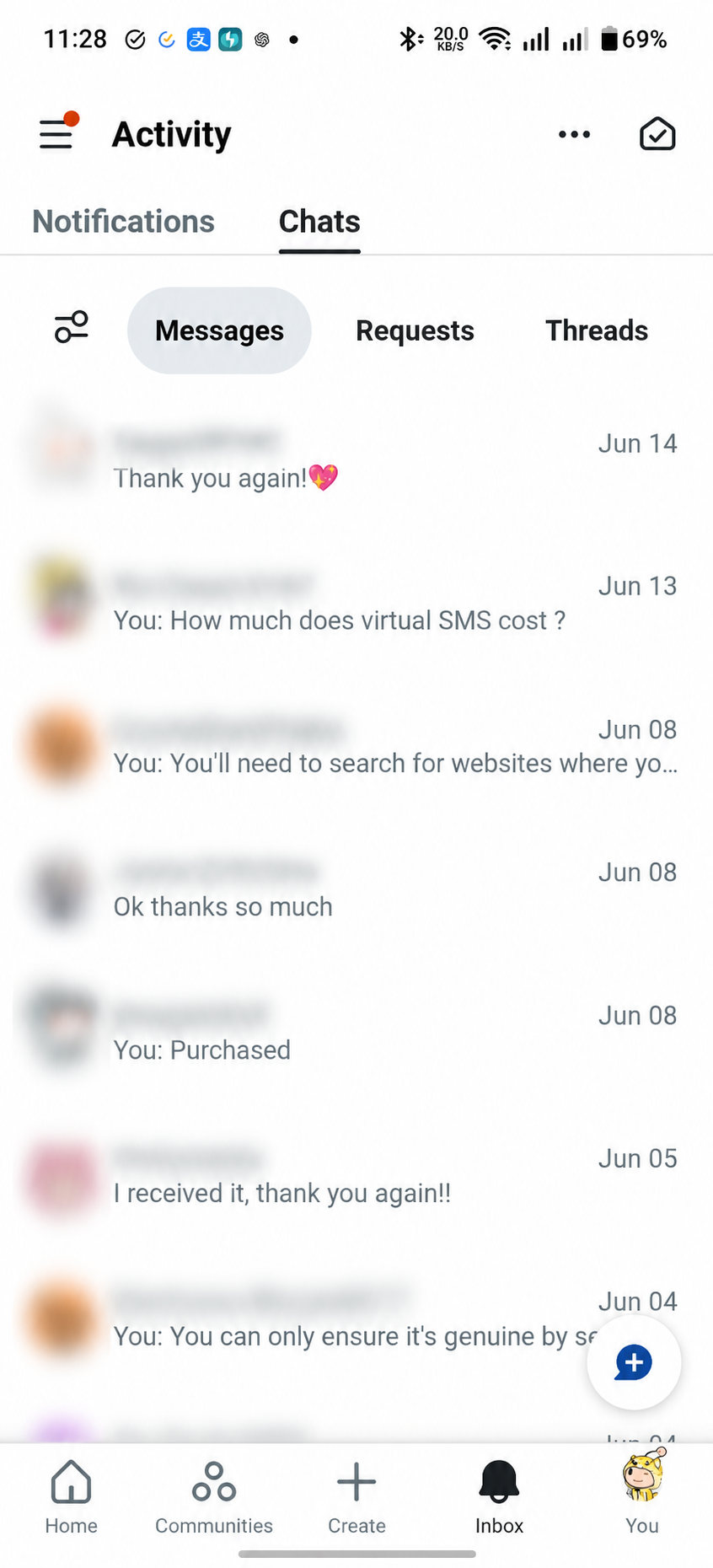 Anonymized Reddit activity inbox showing thank-you messages