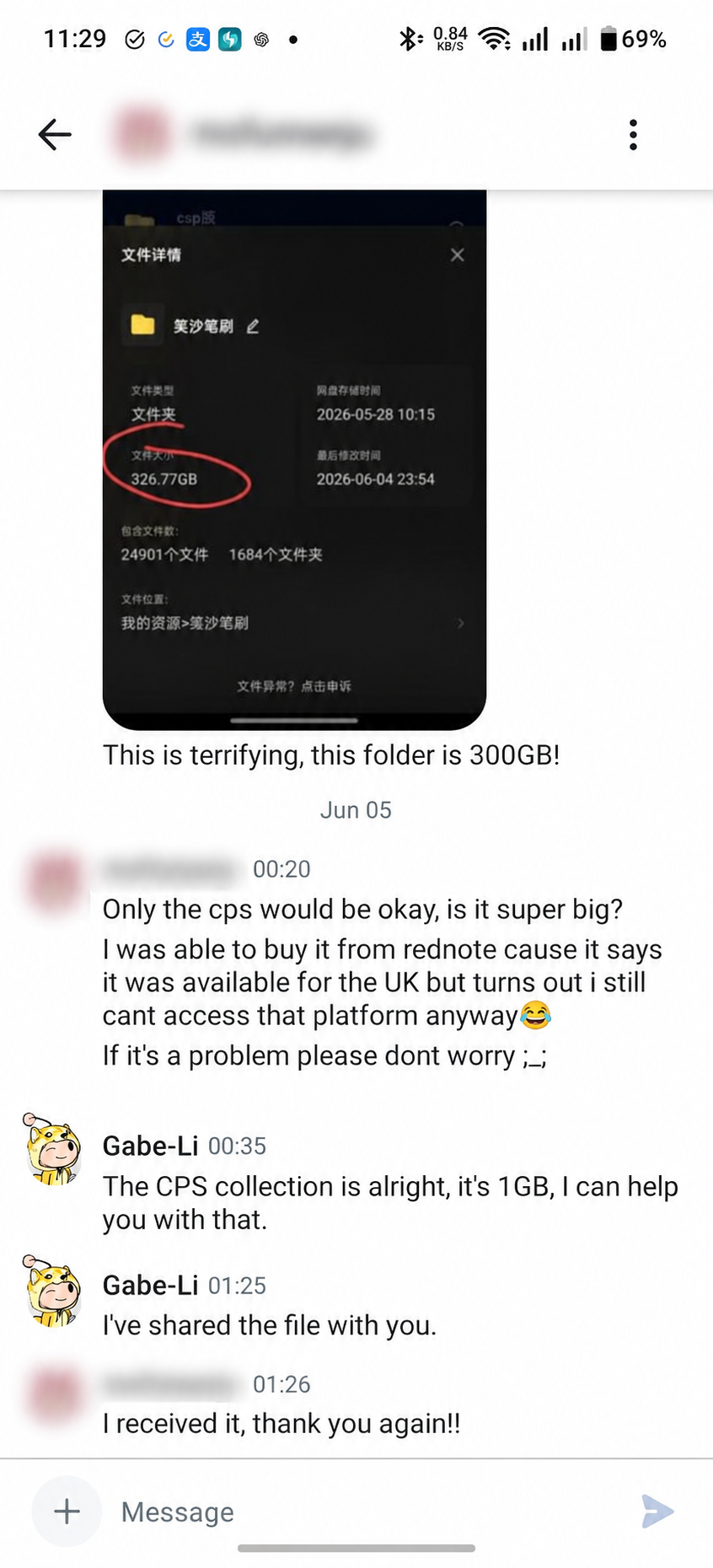 Anonymized Reddit conversation confirming a shared file was received