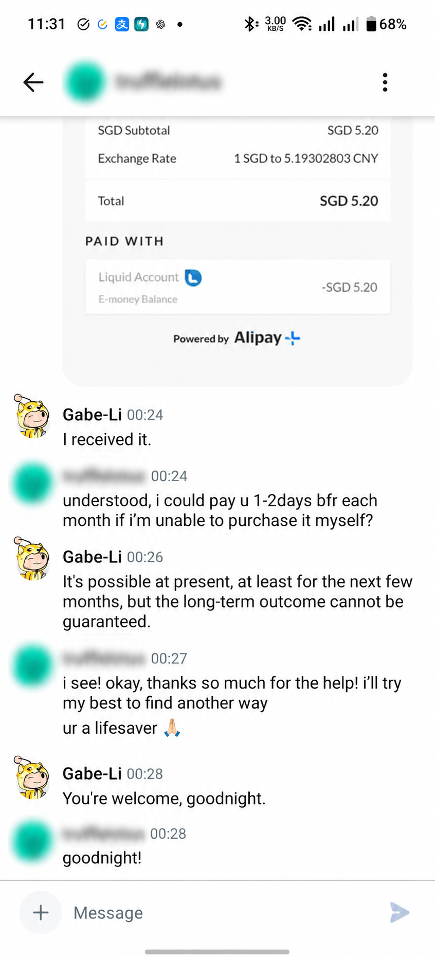 Anonymized Reddit conversation after payment assistance